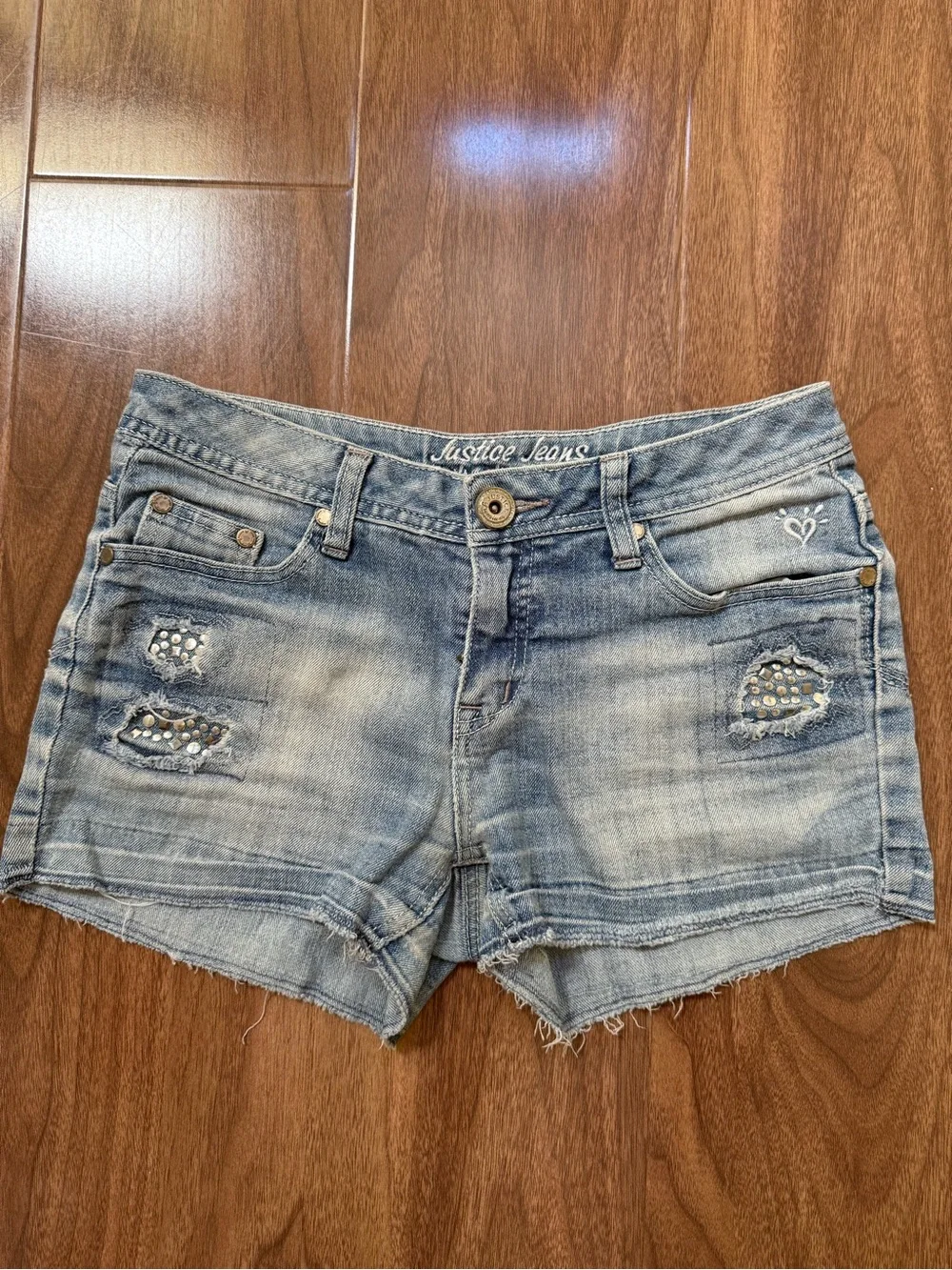 Justice Light Blue Distressed Denim Shorts with Studs
